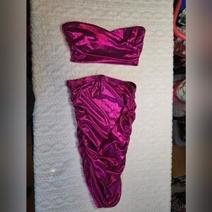 💖 SHEIN Hot Pink Metallic 2 Piece Set Ruched Skirt Bandeau L